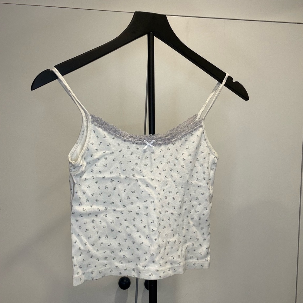 Brandy Melville White Cami with Gray Floral Print and Lace Trim